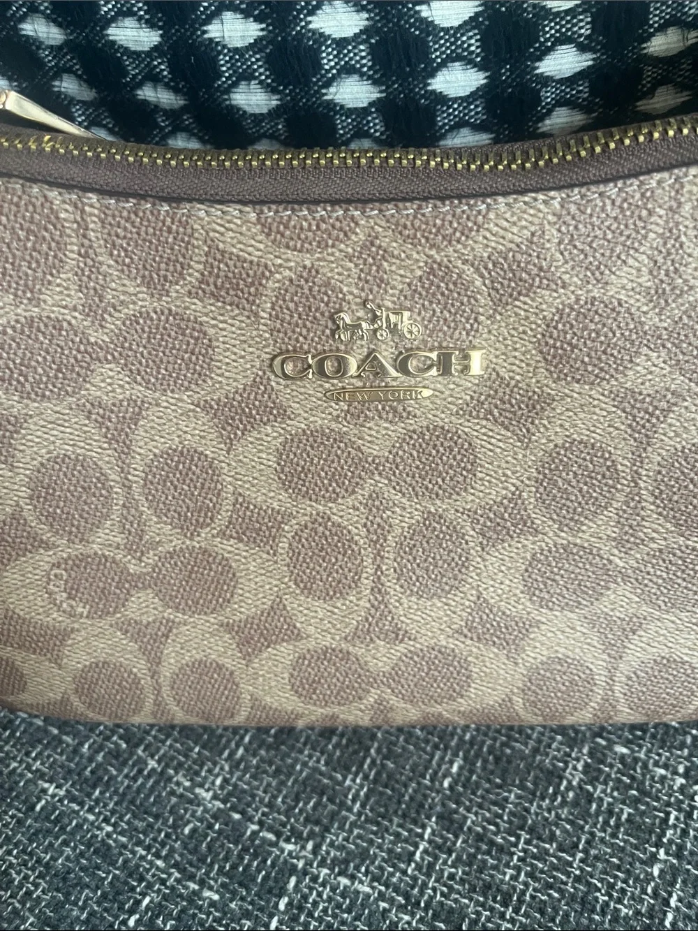 COACH Brown Signature Canvas Small Crossbody with Gold Hardware